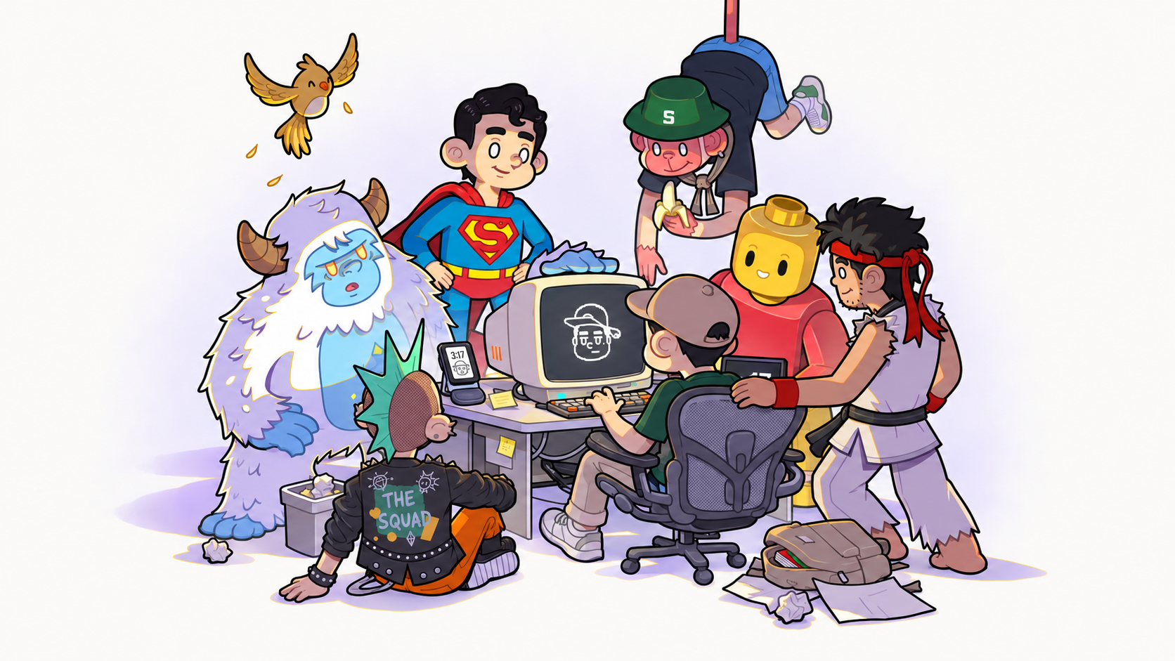 The Squad gathered around a computer